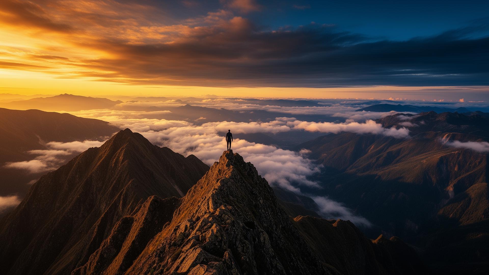 Montanha ao pôr do sol, aventura e exploração